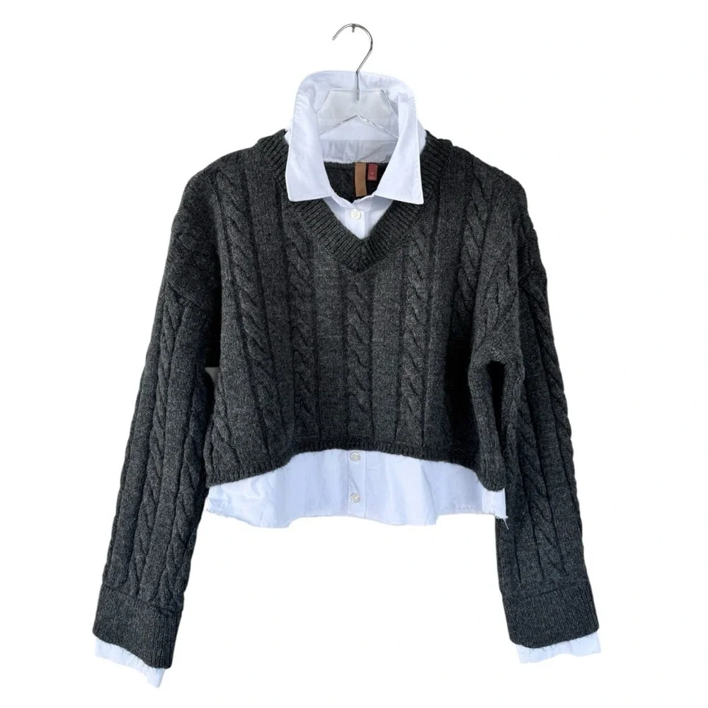 Pilcro for Anthropologie Cropped Cable-Knit Twofer Sweater in Dark Grey Size M